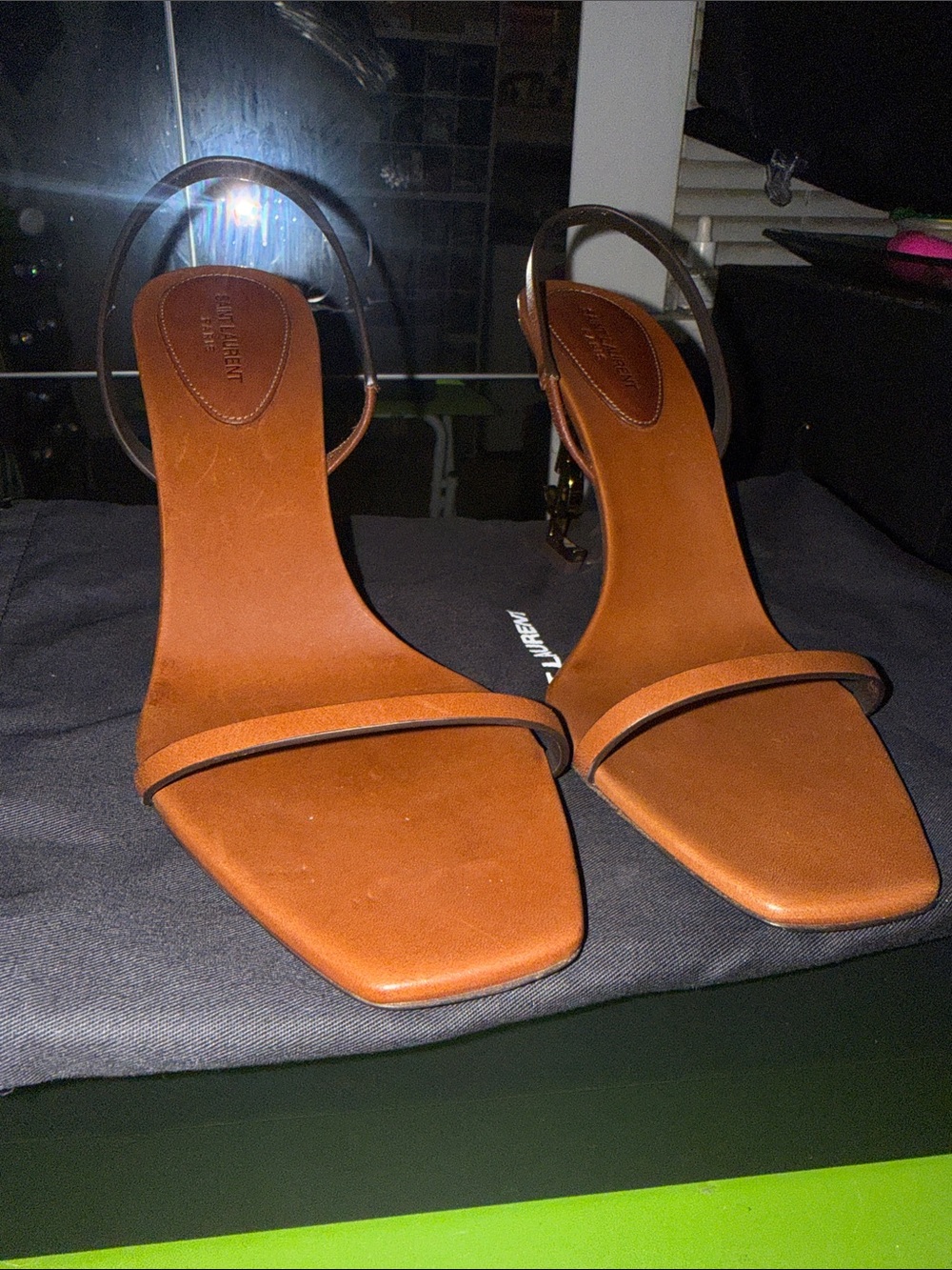 Yves Saint Laurent Brown Leather Logo Stiletto Sandal with Gold Heel - Picture 3 of 7